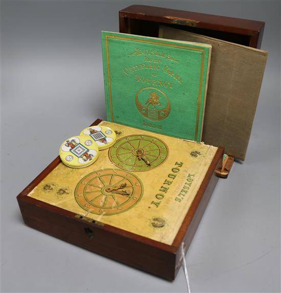 Loysels Patent Chivalric Game of Tournoy, c.1870, mahogany cased with twenty four playing pieces,